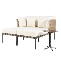 Canapé de jardin, Fauteuil de jardin amovible et modulaire, Table basse en verre trempé, Blanc+Marron(m-2)