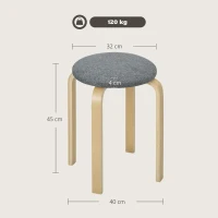 HOMCOM Juego de 4 Taburetes Redondos de Madera Apilables con Asiento Acolchado para Cocina Comedor Dormitorio Gris(m-3)