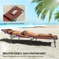 Outsunny Outdoor Folding Sun Lounger with Face Hole, 4 Level Adjustable Backrest Reclining Garden Lounger, Garden Recliner Sunbed with 600 D Oxford Cloth Seat and Pillow for Beach, Brown(m-7)