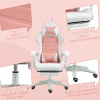 Vinsetto Scaun de Gaming Ergonomic cu Urechi de Iepure și Suport pentru Picioare Extensibil, 65x63x136-142 cm, Roz(m-8)