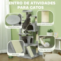 PawHut Arranhador para Gatos com Postes de Sisal Plataformas Cavernas Bolas Pendentes e Redes 49x49x138 cm Cinza Claro(m-4)
