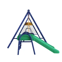 Ensemble de balançoire multifonctionnel pour l'extérieur avec toboggan, trampoline, balançoire nid ronde et balançoire en plastique, Bleu antique(m-12)
