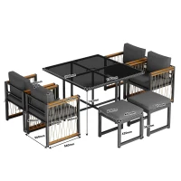Ensemble de salle à manger extérieur 7 pièces avec plateau en verre trempé, accoudoirs, coussins, pour 6 personnes, Noir+Naturel(m-3)