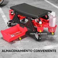 HOMCOM Taburete de Taller Giratorio con Ruedas Altura Ajustable 2 Bandejas Portavasos y Cajón Carga 135 kg para Garaje Rojo(m-7)