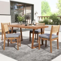 Ensemble de salle à manger 5 pièces avec table en bois, dossier en rotin, coussinets de pieds pour terrasse, jardin, Gris + Couleur naturelle(m-4)