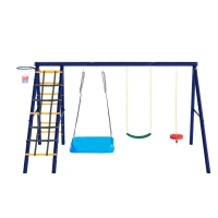 Ensemble de balançoire multifonctionnel pour l'extérieur avec 3 balançoires, structure d'escalade, panier de basket, 310x174x203 cm, Bleu antique(m-2)