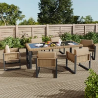 Rattan-Tisch- und Stuhlset, 1 Tisch, 6 Stühle, Tischplatte aus gehärtetem Glas, Braun+Schwarz(m-7)