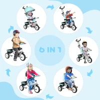 HOMCOM 6 w 1 Trójkołowiec dla dzieci z rączką, daszkiem, pasami, koszykiem na zakupy, dla dzieci 1-5 lat, Zielony(m-4)