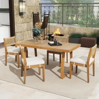 Set da pranzo a 5 pezzi con tavolo in legno, schienale in rattan, piedini, per terrazza, giardino, Bianco e Colore naturale(m-7)
