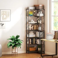 HOMCOM Libreria Angolare Industriale a 7 Livelli, in Legno e Acciaio, 60x60x198 cm, Marrone Rustico(m-2)