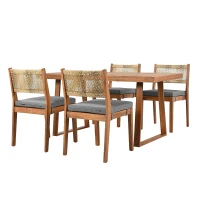 Ensemble de salle à manger 5 pièces avec table en bois, dossier en rotin, coussinets de pieds pour terrasse, jardin, Gris + Couleur naturelle(m-13)