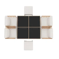 Set da pranzo da esterno a 7 pezzi con tavolo in vetro temperato, intreccio in rattan, cuscini, per 6 persone, Nero e Bianco(m-14)