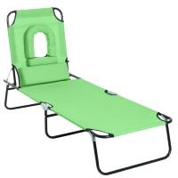 Outsunny Outdoor Folding Sun Lounger with Face Hole, 4 Level Adjustable Backrest Reclining Garden Lounger, Garden Recliner Sunbed with 600 D Oxford Cloth Seat and Pillow for Beach, Green(m-1)