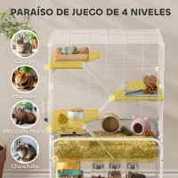 PawHut Jaula para Animales Pequeños de 4 Niveles con Ruedas Bandeja Profunda Rampas Plataformas y Comedero 73x47x123 cm Blanco(m-4)