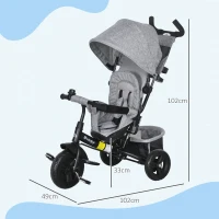 HOMCOM Kinder-Dreirad, Kinderfahrrad, Rückenkorb, Becherhalter, Sonnendach, Metall, Grau(m-3)