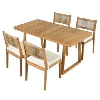 Set da pranzo a 5 pezzi con tavolo in legno, schienale in rattan, piedini, per terrazza, giardino, Bianco e Colore naturale(m-15)
