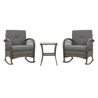 Ensemble de balcon en rotin 3 pièces avec 2 fauteuils à bascule, table en verre trempé, Gris(m-2)