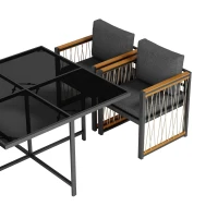 Ensemble de salle à manger extérieur 7 pièces avec plateau en verre trempé, accoudoirs, coussins, pour 6 personnes, Noir+Naturel(m-10)