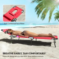 Outsunny Foldable Outdoor Sun Lounger Adjustable Backrest Reclining Chair with Pillow and Reading Hole Garden Beach, Red(m-7)