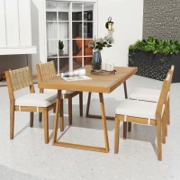 Set da pranzo a 5 pezzi con tavolo in legno, schienale in rattan, piedini, per terrazza, giardino, Bianco e Colore naturale(m-5)