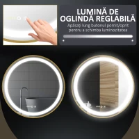 kleankin Oglindă de Baie Rotundă cu Lumină LED, Luminozitate Reglabilă și Întrerupătoare Touch, Ø60x4 cm, Auriu(m-5)