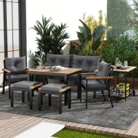 Ensemble de table et chaises d'extérieur, avec 2 chaises, 2 tabourets, 1 canapé deux places, 1 table et 1 chariot de service polyvalent, Noir+Gris(m-7)