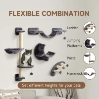 PawHut Four-Piece Cat Wall Furniture, with Hammock, Ladder, Platforms, Steps, for Indoor Use - Dark Grey(m-5)