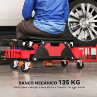 HOMCOM Taburete de Taller Giratorio con Ruedas Altura Ajustable 2 Bandejas Portavasos y Cajón Carga 135 kg para Garaje Rojo(m-4)