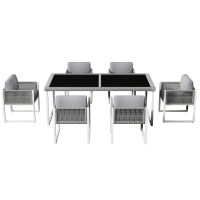 Ensemble table et chaises en rotin, avec 1 table et 6 chaises, plateau en verre trempé, Gris+Blanc