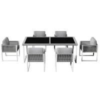 Ensemble table et chaises en rotin, avec 1 table et 6 chaises, plateau en verre trempé, Gris+Blanc(m-2)