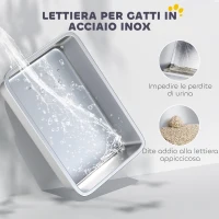 PawHut Lettiera per Gatti Chiusa con Tappetino Raccogli-sabbia, in Acciaio Inox, ABS e PP, 60.5x40.5x42 cm, Bianca e Argento(m-6)