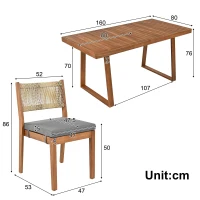 Ensemble de salle à manger 5 pièces avec table en bois, dossier en rotin, coussinets de pieds pour terrasse, jardin, Gris + Couleur naturelle(m-3)