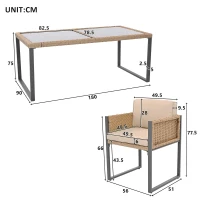 Rattan-Tisch- und Stuhlset, 1 Tisch, 6 Stühle, Tischplatte aus gehärtetem Glas, Braun+Schwarz(m-3)