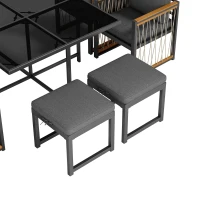 Ensemble de salle à manger extérieur 7 pièces avec plateau en verre trempé, accoudoirs, coussins, pour 6 personnes, Noir+Naturel(m-11)