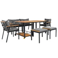 Ensemble de table et chaises d'extérieur, avec 2 chaises, 2 tabourets, 1 canapé deux places, 1 table et 1 chariot de service polyvalent, Noir+Gris(m-17)