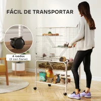 PawHut Jaula para Animales Pequeños de 4 Niveles con Ruedas Bandeja Profunda Rampas Plataformas y Comedero 73x47x123 cm Blanco(m-6)