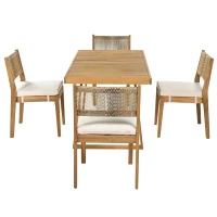 Set da pranzo a 5 pezzi con tavolo in legno, schienale in rattan, piedini, per terrazza, giardino, Bianco e Colore naturale(m-14)