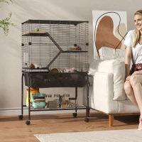 PawHut Jaula para Animales Pequeños de 4 Niveles con Ruedas Bandeja Profunda Rampas Plataformas y Comedero 73x47x123 cm Negro(m-2)