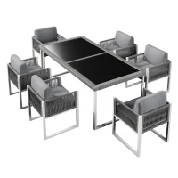 Ensemble table et chaises en rotin, avec 1 table et 6 chaises, plateau en verre trempé, Gris+Blanc(m-13)