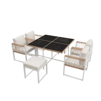 Set da pranzo da esterno a 7 pezzi con tavolo in vetro temperato, intreccio in rattan, cuscini, per 6 persone, Nero e Bianco(m-13)