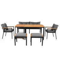 Ensemble de table et chaises d'extérieur, avec 2 chaises, 2 tabourets, 1 canapé deux places, 1 table et 1 chariot de service polyvalent, Noir+Gris(m-16)