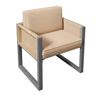 Rattan-Tisch- und Stuhlset, 1 Tisch, 6 Stühle, Tischplatte aus gehärtetem Glas, Braun+Schwarz(m-11)