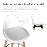 HOMCOM Set 2 Sgabelli da Bar Stile Nordico con Schienale, Cuscino e Poggiapiedi, Legno e Plastica, Bianco(m-7)
