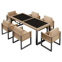 Rattan-Tisch- und Stuhlset, 1 Tisch, 6 Stühle, Tischplatte aus gehärtetem Glas, Braun+Schwarz(m-14)