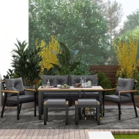 Ensemble de table et chaises d'extérieur, avec 2 chaises, 2 tabourets, 1 canapé deux places, 1 table et 1 chariot de service polyvalent, Noir+Gris(m-8)