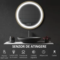 kleankin Oglindă de Baie Rotundă cu Lumină LED, Luminozitate Reglabilă și Întrerupătoare Touch, Ø60x4 cm, Auriu(m-4)