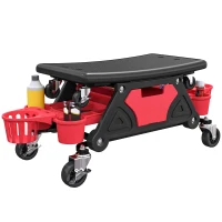 HOMCOM Rolling Mechanic Stool, 135kg Capacity Workshop Stool with 360° Swivel Wheels, Roller Creeper Seat with Slide Out Tool Trays, Drawer, Bottle Holders for Garage, Shop, Auto Repair, Red(m-10)