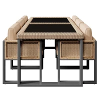 Rattan-Tisch- und Stuhlset, 1 Tisch, 6 Stühle, Tischplatte aus gehärtetem Glas, Braun+Schwarz(m-16)