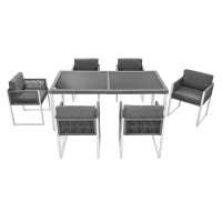 Ensemble table et chaises en rotin, avec 1 table et 6 chaises, plateau en verre trempé, Gris+Blanc(m-14)