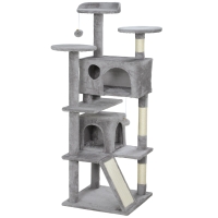 PawHut Arranhador para Gatos com Postes de Sisal Plataformas Cavernas Bolas Pendentes e Redes 49x49x138 cm Cinza Claro